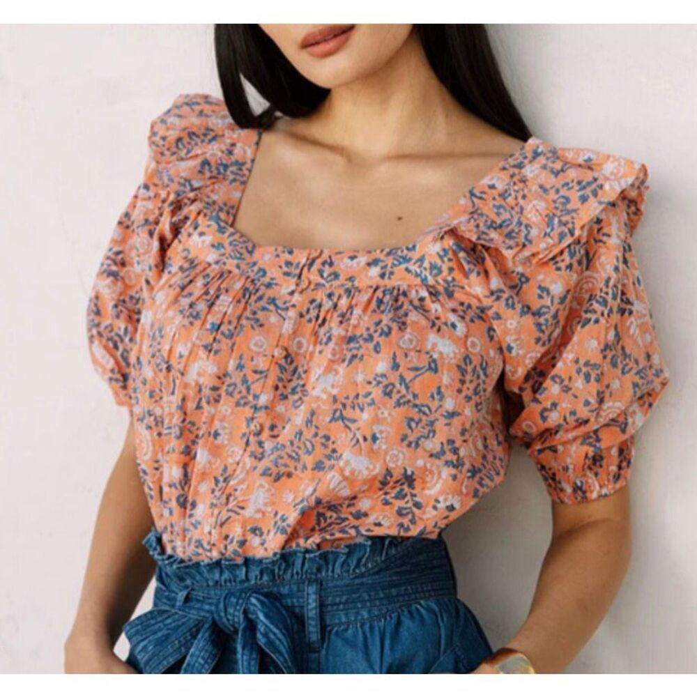 Cleobella Top Blouse Mariana Puff Short Sleeve Peach Positano Floral size XS